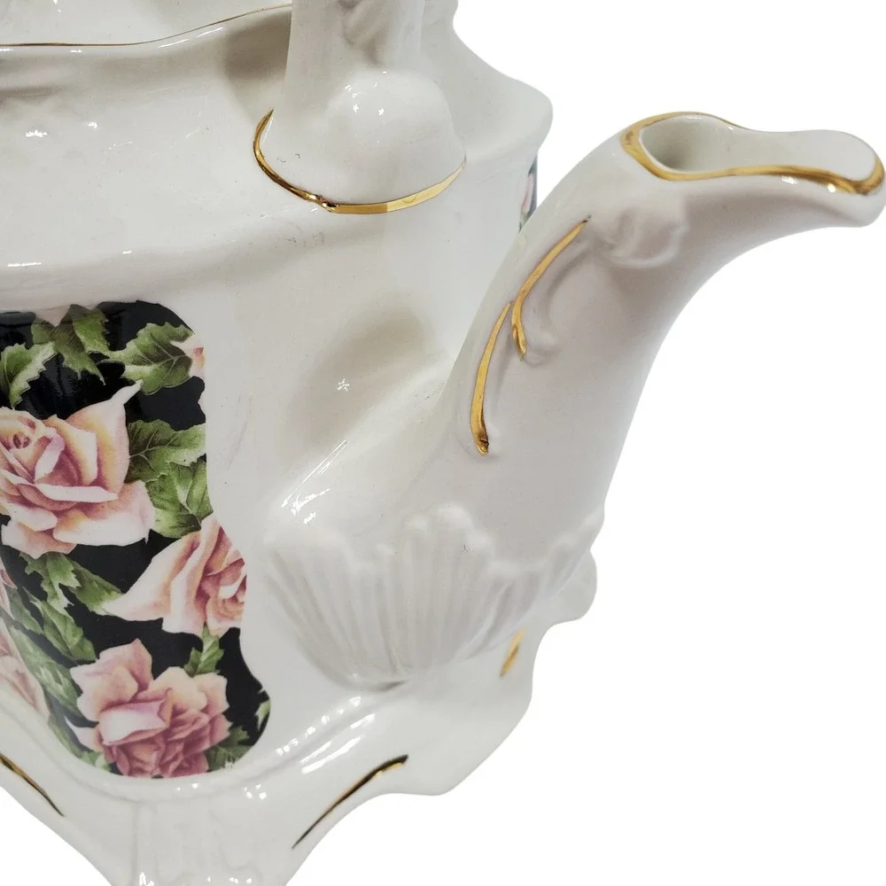 Crown Dorset Teapot Staffordshire England Pink Rose Black‎ Floral Gold Gilt Trim